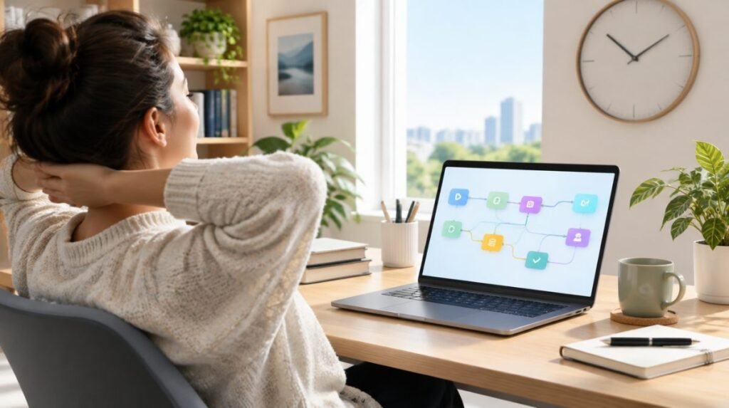 Relaxed person at a desk while automated workflows run