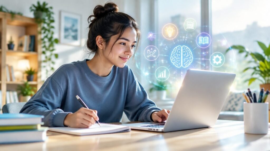 Learner at a desk with laptop and notebook