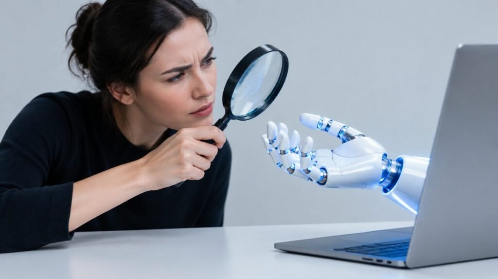 Person with a magnifying glass examining a robot hand