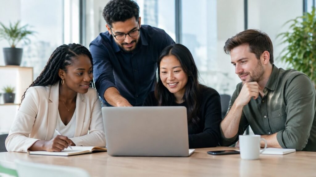 Team of professionals collaborating around a laptop