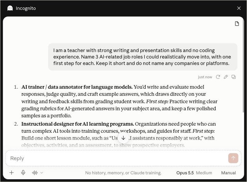 Screenshot: Claude suggests roles that match your skills and what to do first.