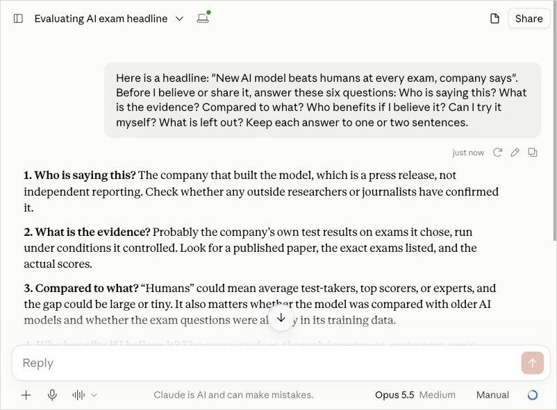 Screenshot: Claude answers each one, so you can judge the claim in a minute.