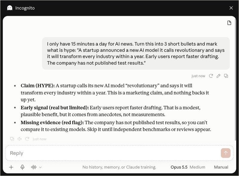 Screenshot: Claude separates the claim, the early signal and the missing evidence.