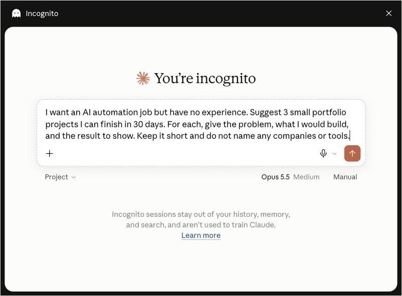 Screenshot: Ask for three small projects with the problem, the build and the result to show.