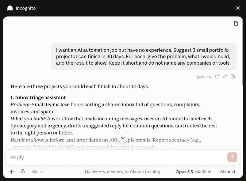 Screenshot: Claude outlines projects you can finish in about 30 days.