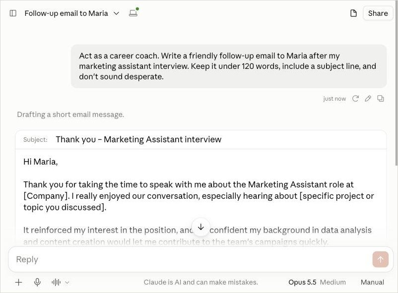 Screenshot: Claude returns a ready-to-send draft, with the placeholders for you to fill in.