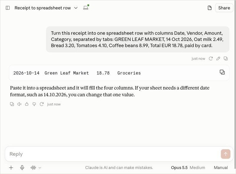 Screenshot: Claude returns one tab-separated row, ready to paste into a spreadsheet.