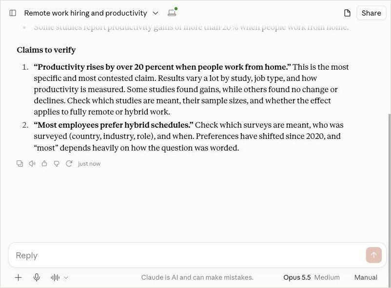Screenshot: It also flags the claims you should check before you share them.
