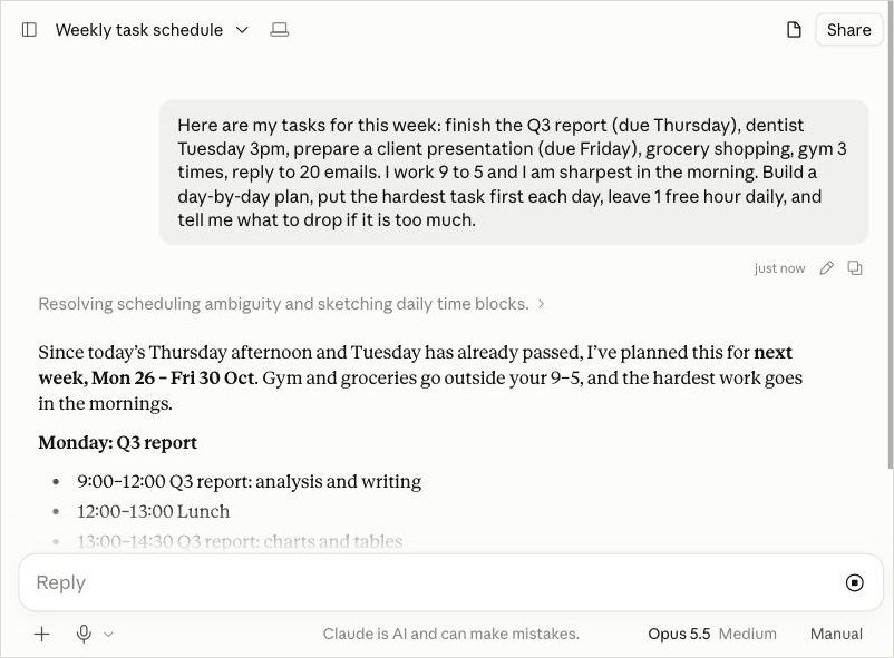 Screenshot: Claude builds a day-by-day plan with the hardest task first.