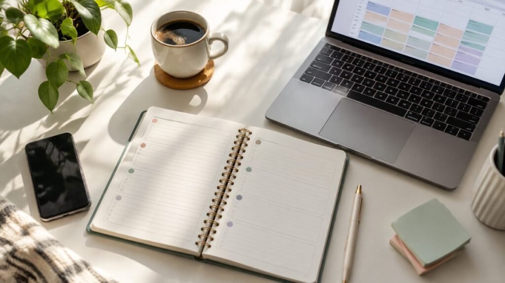 Weekly planner, coffee and laptop on a tidy desk