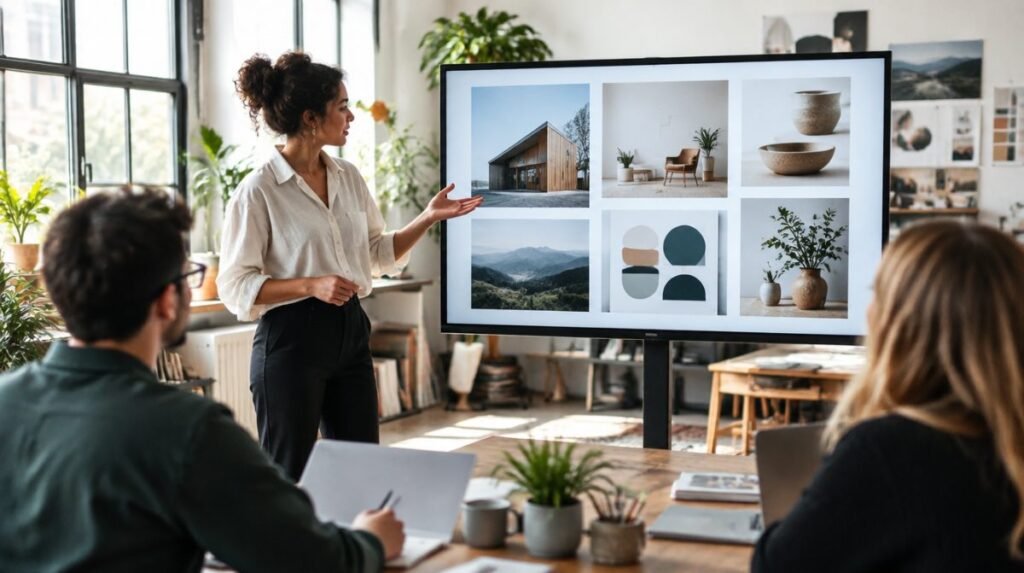 Person presenting a project portfolio on a large monitor