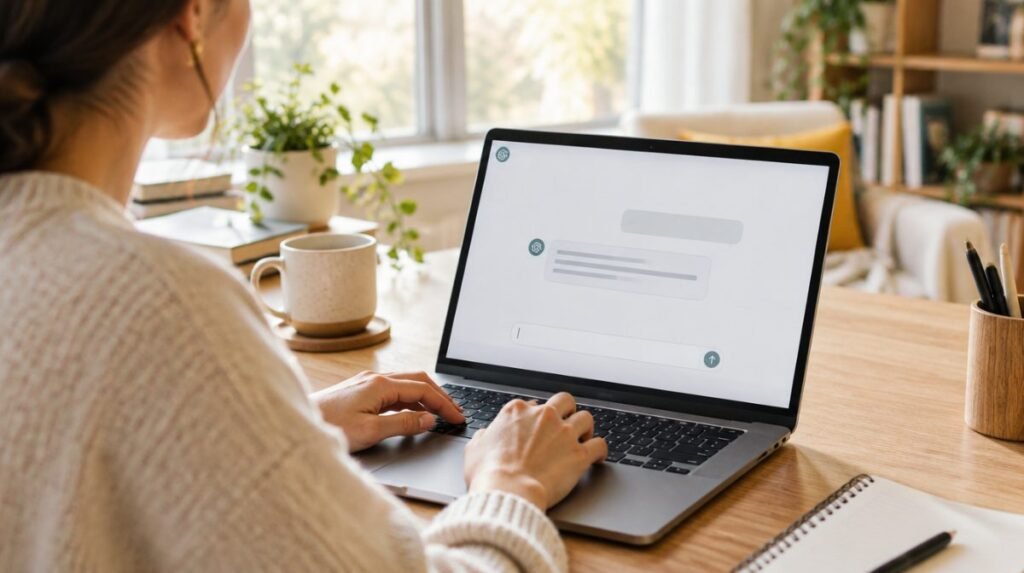 Person writing a prompt for an AI assistant on a laptop