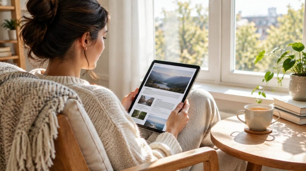 Person calmly reading news on a tablet with tea